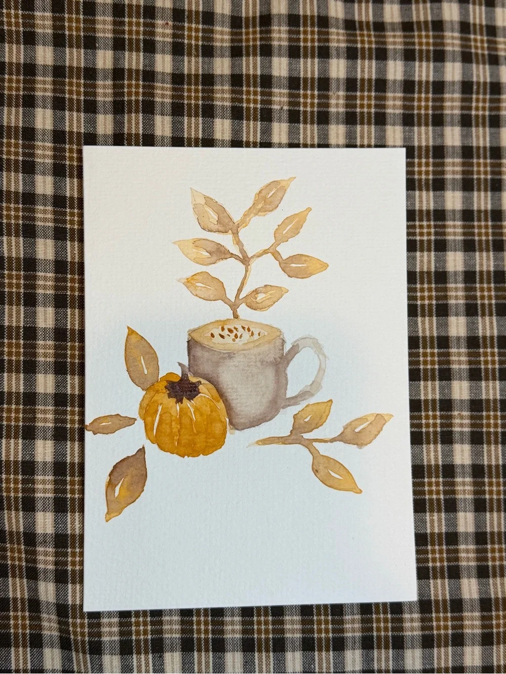 Watercolor Pumpkin & Mug Art greeting card - Warm Autumn Tones